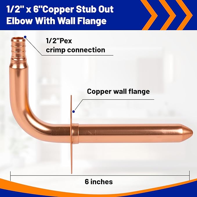 (Znkiok 2 Pack) 1/2 Inch Pex Fittings,Copper Stub Out Elbow With Wall Flange 1/2" x 6"，For Pex B and C Plumbing Systems,UPC,NSF/ANSI 61 Certified.