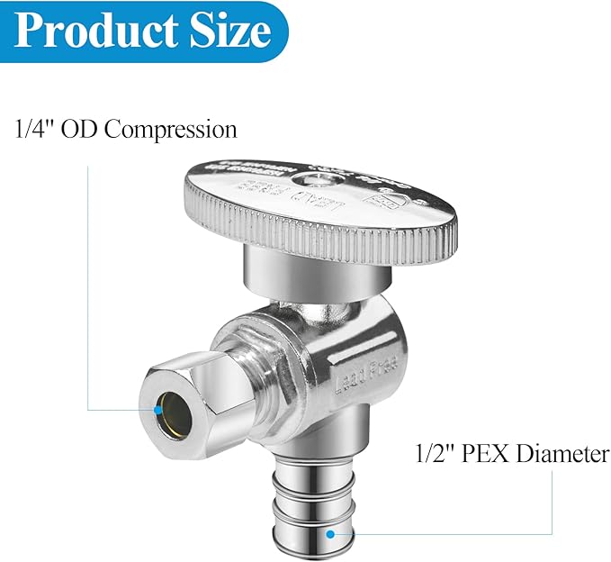 WiseWater 1/2 PEX Angle Stop Valve 1/2" PEX x 1/4" Compression, 1/4 Turn Shut Off Valve, Heavy-Duty Chrome Brass Plumbing Fitting for Sink & Toilet (5-Pack)