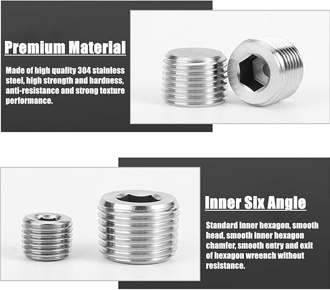 20 Pcs Stainless Steel Pipe Plug Fitting Assortment Kit, 5 Sizes 1/8" 1/4" 3/8" 1/2" 3/4" NPT Male Internal Hex Thread Socket Pipe Plug for Sealing Pipe Port