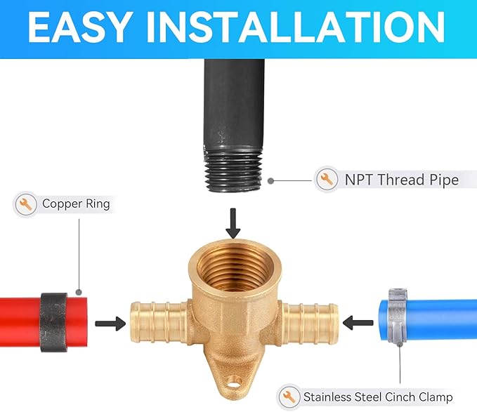 PEX Fittings, 1/2 Inch Female NPT Pex Drop Ear Tee, Brass Fittings for Pex Pipe Connect
