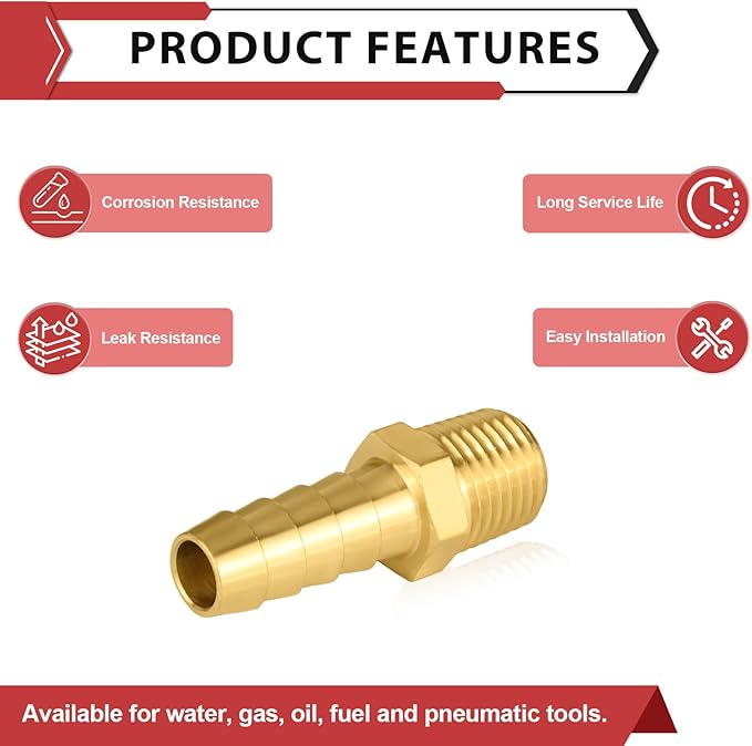 (Pack of 50) EFIELD Brass Hose Barb Fitting Adapter, 1/2" Barb x 3/8" NPT Male Pipe Fitting,(BARB012-50PCS)