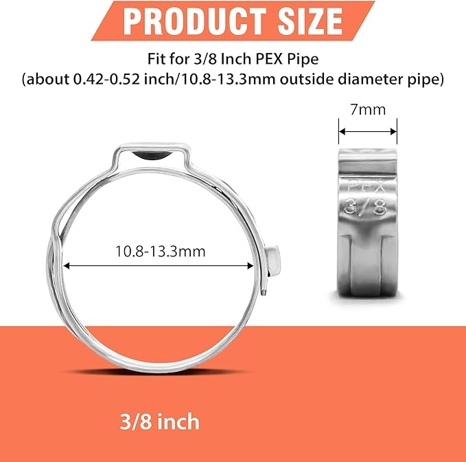 60pcs 3/8 inch PEX Cinch Clamps Rings, 304 Stainless Steel Single Ear Hose Clamps, Pex Crimp Rings for PEX Tubing Pipe Fitting Connections