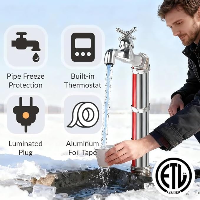 18 FT Heat Tape for Water Pipes Freeze Protection with Thermostat, Electric Heat Trace Pipe Heating Cable Energy-Saving 120V 7W/FT