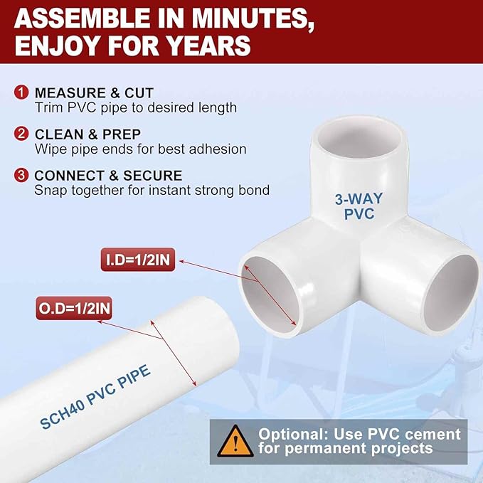 10Pcs 1/2" Elbow PVC Fitting, SCH40 3-Way Tee Furniture Grade PVC Pipe Fitting, DIY Corner Elbow Connector for Building Furniture, Greenhouse Frame Connection, Socket x Socket