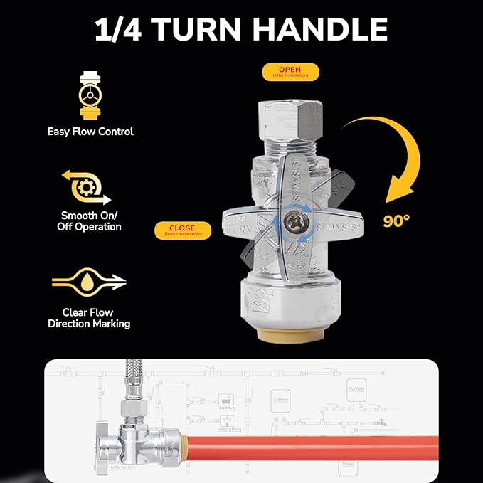 1/2" PTC x 3/8" OD Compression Straight Stop Valve, Toilet Water Shut Off for PEX, Copper, CPVC Pipe, Push to Connect Brass Plumbing Fitting with Quarter-Turn & Disconnect Clip