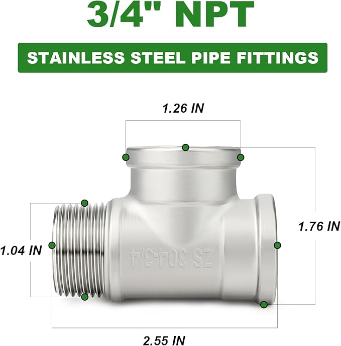 TAISHER 2PCS 304 Stainless Steel Tee Pipe Fittings, 3/4" NPT Female x 3/4" NPT Female x 3/4" NPT Male Pipe Fittings, Male Run Tee