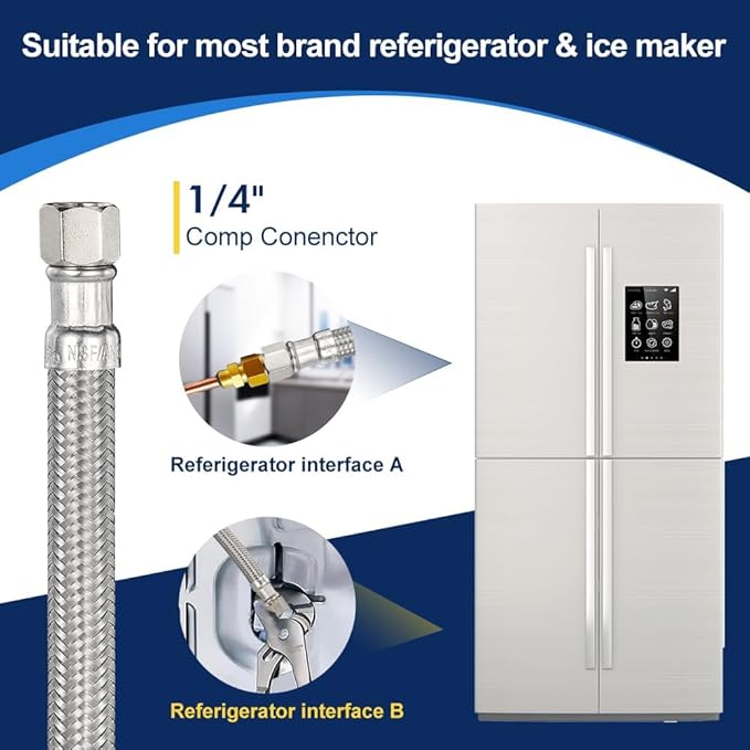 30ft Ice Maker Water Line Stainless Steel Braided – Flexible Refrigerator Water Supply Tube with 1/4" Quick Connect Fitting, Universal Fit