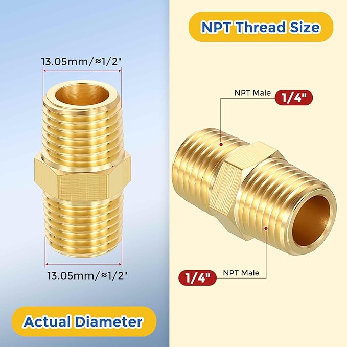 12 Pack Brass Pipe Fittings, 1/4" NPT Male to 1/4" NPT Male Brass Hex Nipple, Male Pipe Adapter Reducer for Air, Oil, LP