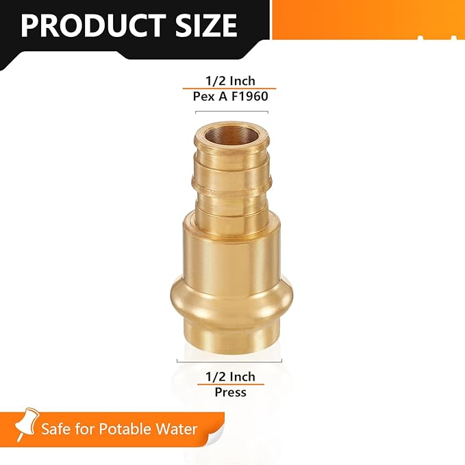 5-Pack HeSun Copper Press Fitting Adapter,1/2" PRESS X 1/2" PEX-A Expansion F1960 Coupling, LF Brass(PEX1960183)