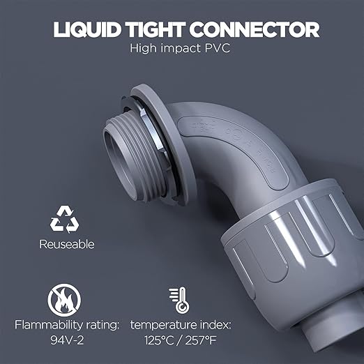 1/2-Inch Liquid Tight Connector 90-Degree, for PVC Electrical Flexible Conduit Fittings NPT Non-Metallic Connectors, for Home Outdoor Tubes Tools, UL Listed, Grey, 100-Pack
