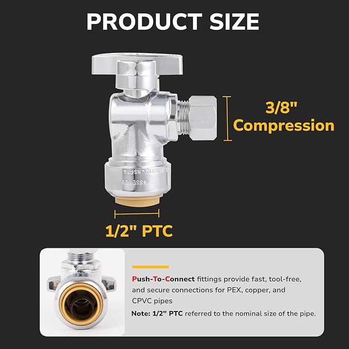 Angle Stop Valve, 1/2" PTC x 3/8" OD Compression, Toilet Water Shut Off Valve for PEX, Copper, CPVC Pipe, Quarter-Turn Push to Connect Brass Plumbing Fitting with Disconnect Clip, 2 Pack