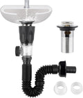 iFealClear Bathroom Sink Drain Kit, Flexible P-Trap Drain Pipe with Pop Up Stopper, Expandable Bathroom Sink Pipe Replacement with 2 Adapters, Fits 1-1/4'', 1-1/2'', 2" Holes, Hair Catcher, Chrome