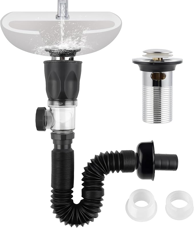 iFealClear Bathroom Sink Drain Kit, Flexible P-Trap Drain Pipe with Pop Up Stopper, Expandable Bathroom Sink Pipe Replacement with 2 Adapters, Fits 1-1/4'', 1-1/2'', 2" Holes, Hair Catcher, Chrome