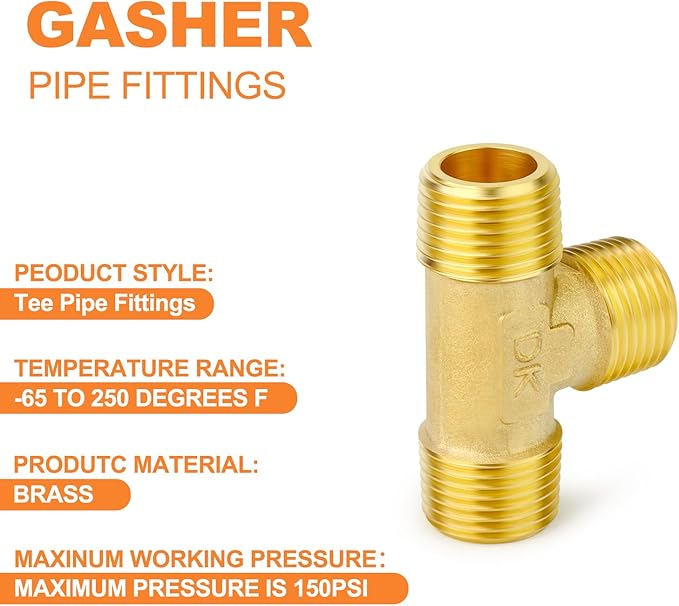 GASHER 2PCS Brass Male Tee Pipe Fitting T Adapter, 3 Way Brass Fitting 1/8" x 1/8" x 1/8" NPT T Fitting