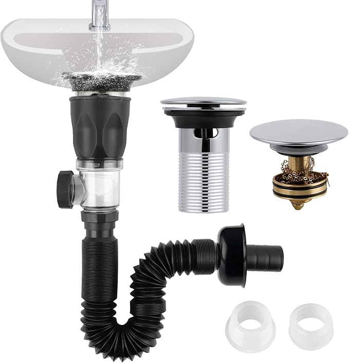 iFealClear Bathroom Sink Drain Kit, Flexible P-Trap Drain Pipe with Pop Up Stopper, Sink Pipe Replacement with 2 Adapters, Fits 1-1/4'', 1-1/2'', 2" Holes, Big Cover Cap, Brass Bounce Core, Chrome