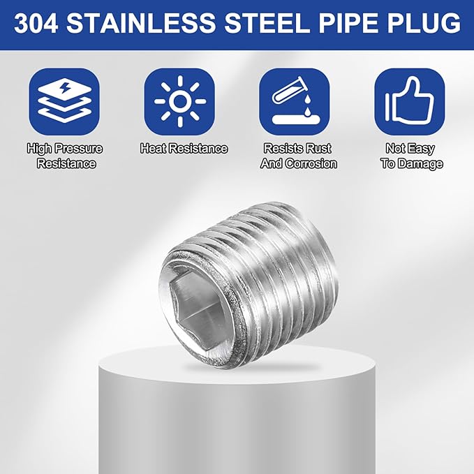 PATIKIL 5 Pcs 304 Stainless Steel Pipe Plug M10 x 1 Male Internal Hex Thread Socket Pipe Plug Hex Countersunk Pipe Fitting for Sealing Water Oil Gas Pipeline, Silver