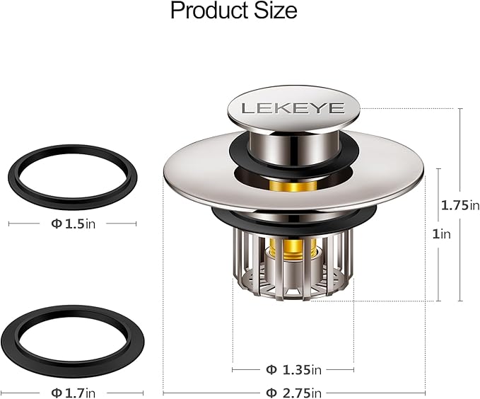 LEKEYE Tub Stopper | Shower Drain Hair Catcher | Pop-up Drain Stopper with Strainer | Bathroom Bathtub Plug | Drain Protector for 1-1/2 to 1-3/4" Bath Drain Hole - Brushed Nickel