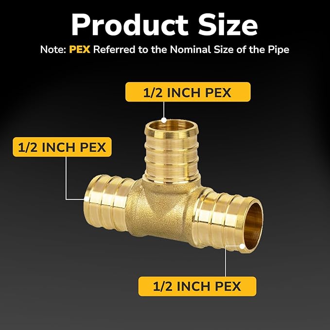 12 Pack 1/2" PEX Tee, PEX Fittings, Heavy-Duty Brass Crimp Fittings for PEX Pipes with Leak-Resistant Construction, NSF & UPC Certified