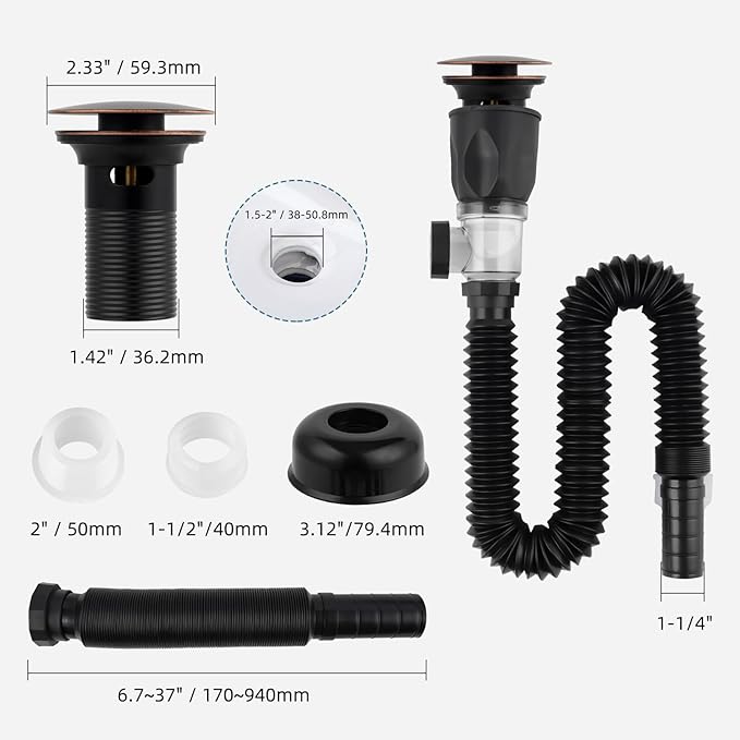 iFealClear Bathroom Sink Drain Kit, Flexible P-Trap Drain Pipe with Pop Up Stopper, Sink Pipe Replacement with 2 Adapters, Fit 1-1/4'', 1-1/2'', 2” Holes, Big Cap, Brass Bounce Core, Oil Rubbed Bronze