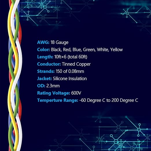 Fermerry 18 AWG Stranded Wire Spool 10ft Each 6 Colors Flexible 18 Gauge Silicone Hook up Wire Kit Electrical Tinned Copper Wire