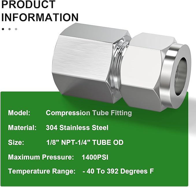 TAISHER 5PCS 304 Stainless Steel Compression Tube Pipe Fitting Connector, 1/4" Tube OD x 1/8" NPT Female Straight Adapter