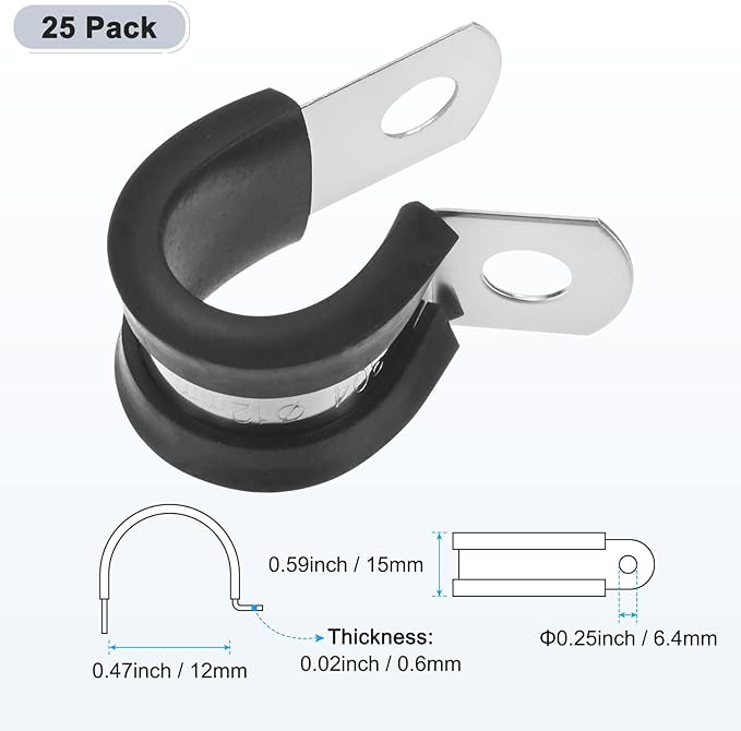 25-Pack Cable Clamps, 15/32 inch/ 12 mm 304 Stainless Steel Rubber Cushioned Insulated Cable Clamp R Shape Metal Holder for Tube/Wire/Pipe/Loop Installation