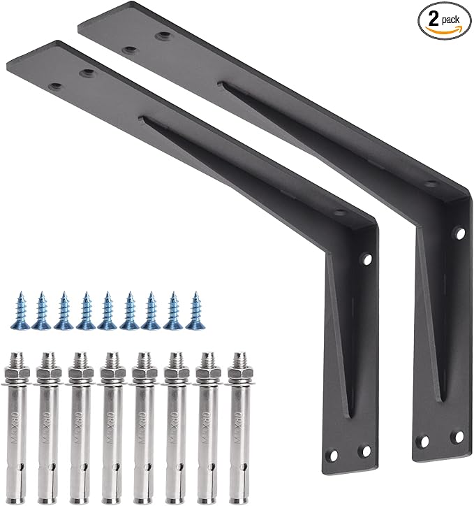 YUMORE Countertop Support Bracket Heavy Duty 14x8x2 in, 1/5IN Thicken Solid L Brackets Countertop Bar Shelf Bracket, Includes Hardware, Matte Black, 2 Pack