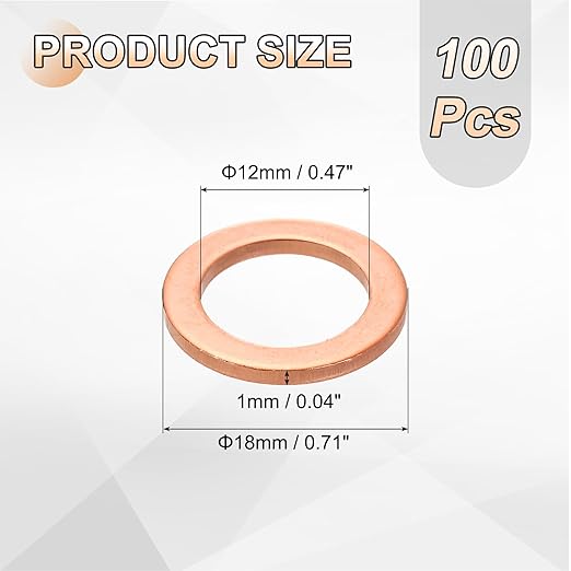 uxcell 100Pcs M12 Flat Washer Copper Washer Sealing Rings, 12mm ID 18mm OD 1.5mm Thickness Copper Crush Washers Metric Sealing Gasket for Plumbing Machinery Automotive
