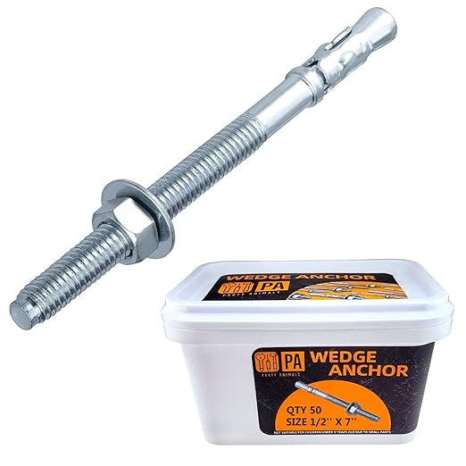 Party Animals 1/2 x 7 Inch Wedge Anchor, 50 PCs Zinc-Plated Industrial Anchor Bolts for Cement, Concrete