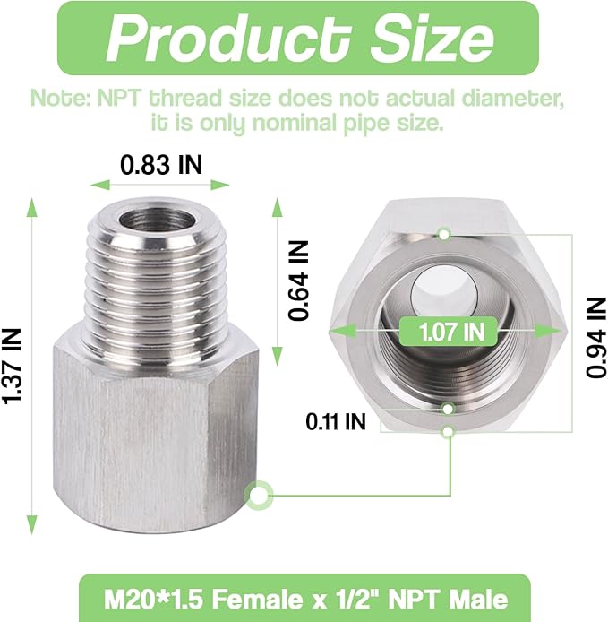 Stainless Steel 304 M20*1.5 Female Thread x 1/2" NPT Male Adapter Metric Convert NPT Pipe Fiiting for Pressure Gage 1pc