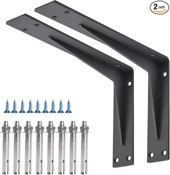 YUMORE Countertop Support Bracket Heavy Duty 12x8x2 in, 1/5IN Thicken Solid L Brackets Countertop Bar Shelf Bracket, Includes Hardware, Matte Black, 2 Pack