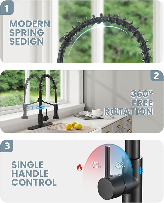 Black Kitchen Faucet, Kitchen Faucet with Soap Dispenser, Faucet for Kitchen Sink, Single Handle Stainless Steel Kitchen Sink Faucets with Pull Down Sprayer, Camper Farmhouse RV Sink Faucet