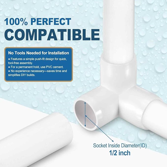 24 Pack 1/2" SCH40 PVC Elbow Pipe Fitting, 3-Way PVC Elbow Corner Side Outlet Tee Fitting, Furniture Grade Pipe Connectors for DIY Project, Pond Protection, Socket x Socket, White