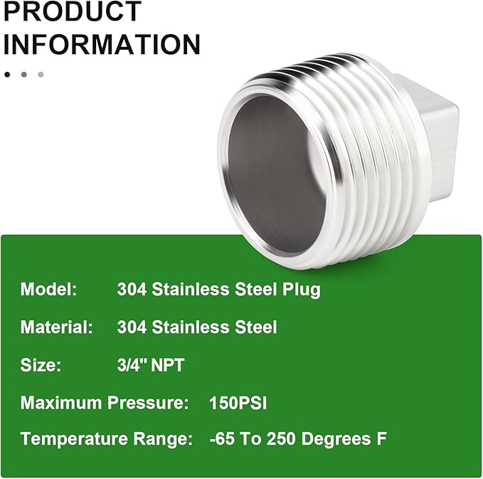 TAISHER 10PCS 304 Stainless Steel Outer Square Thread Socket Pipe Plug Fitting 3/4" NPT Male