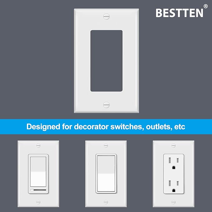 BESTTEN 10 Pack 1-Gang Decorator Wall Plate, Standard Size, H4.53” x W2.76”, Unbreakable Polycarbonate Outlet and Switch Cover, White, UL Listed