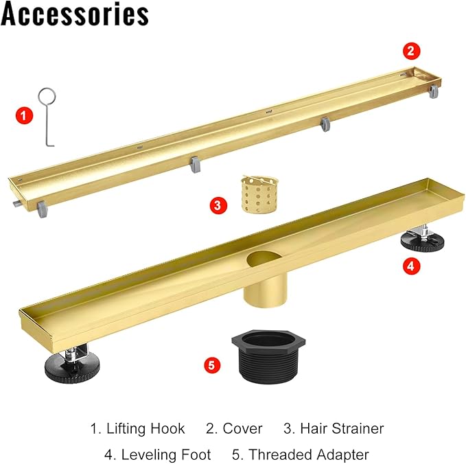 SaniteModar Linear Shower Drain, Gold Shower Drain 30 inch with Invisible 2 in 1 Tile Insert Panel, 304 Stainless Steel Brushed Gold Shower Drain with Hair Strainer and Leveling Feet