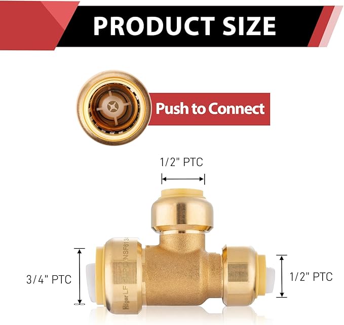 EFIELD Push-Fit Fitting 3/4" X 1/2" X 1/2" Tee to Connect Pex, Copper, CPVC Pipe with Two Size Disconnect Tool Clips,(PF129)