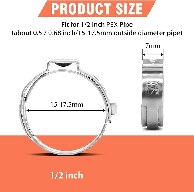 60pcs 1/2 inch PEX Cinch Clamps Rings, 304 Stainless Steel Single Ear Hose Clamps, Pex Crimp Rings for PEX Tubing Pipe Fitting Connections
