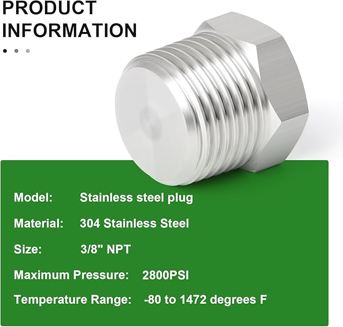 TAISHER 5PCS Stainless Steel Outer Hex Thread Socket Pipe Plug Fitting 3/8" NPT Male