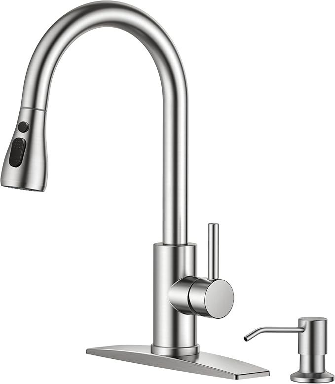 FORIOUS Kitchen Faucet with Soap Dispenser, Brushed Nickel, Single Handle Stainless Steel Transitional Sink Faucet with Pull Down Sprayer 1 or 3 Hole, Suitable for Farmhouse Laundry Camper RV Bar