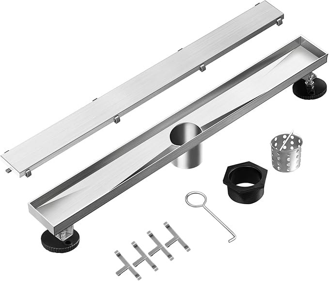 Linear Shower Drain, 28 inch Drain with Tile Insert 2-in-1 Panel, Brushed 304 Stainless Steel Shower Floor Drain, Linear Drain with Hair Strainer and Adjustable Feet