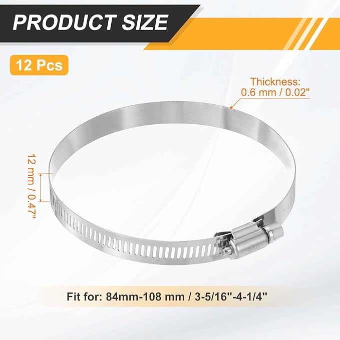 HARFINGTON 12 Pcs Hose Clamp 3-5/16"-4-1/4" (84-108mm) 304 Stainless Steel Adjustable Worm Gear Hose Clamp with Phillips Screw Assortment Kit for Fuel Line Pipe Plumbing Automotive Tube