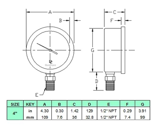 4" Oil Filled Pressure Gauge - Stainless Steel Case, Brass, 1/2" NPT, Lower Mount Connection, 0-100PSI