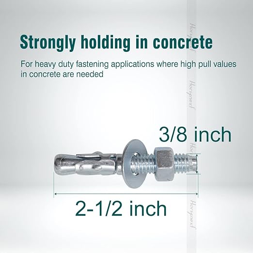 3/8 x 2-1/2 inch Carbon Steel Wedge Anchor kit for Concrete Cement Wall Floor Ground Deck Fence Base Bracket, Drill Stud Post Strong Screw Bolt Set.(10 pcs)