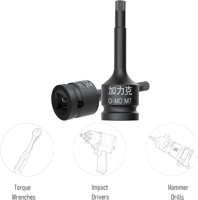 1/2-Inch Drive x M7(7mm） Impact XZN Triple Square Spline Bit Socket, Metric Lengthen Screwdriver Socket Adapter, 3-Inch Length, CR-MO Steel, One-Piece Construction, Black