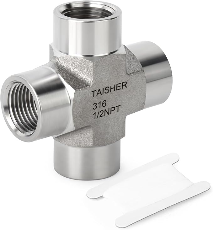 TAISHER 1PCS Forging of 316L Stainless Steel 4 Way Pipe Fittings, 1/2" x 1/2" x 1/2" x 1/2" NPT Female Pipe Fittings