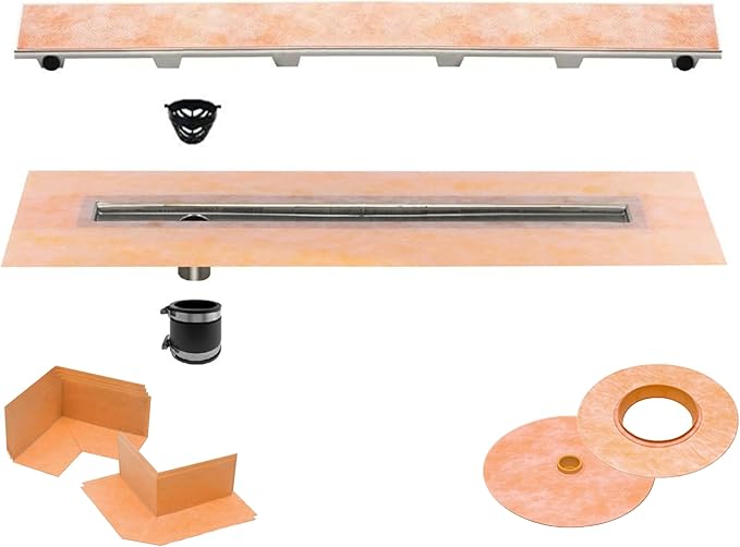 All-in-one Waterproof Linear Shower Drain Kit with 28 Inch Off-set Outlet Channel Body (KL1VO60E70) and Drain Grate Assembly (Cover) in Tileable Design(KL1DROE70)
