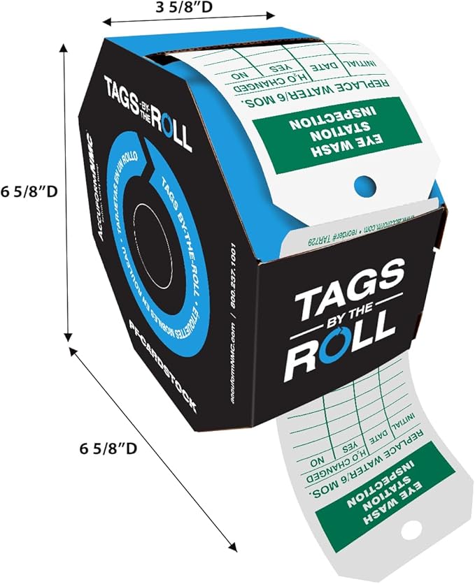 AccuformNMC 250 Tags by-The-Roll, Eyewash Station Inspection Tags with Record, US Made OSHA Compliant Eye Wash Tags, Waterproof PF-Cardstock, Resists Tears, 6.25"x3", TAR729
