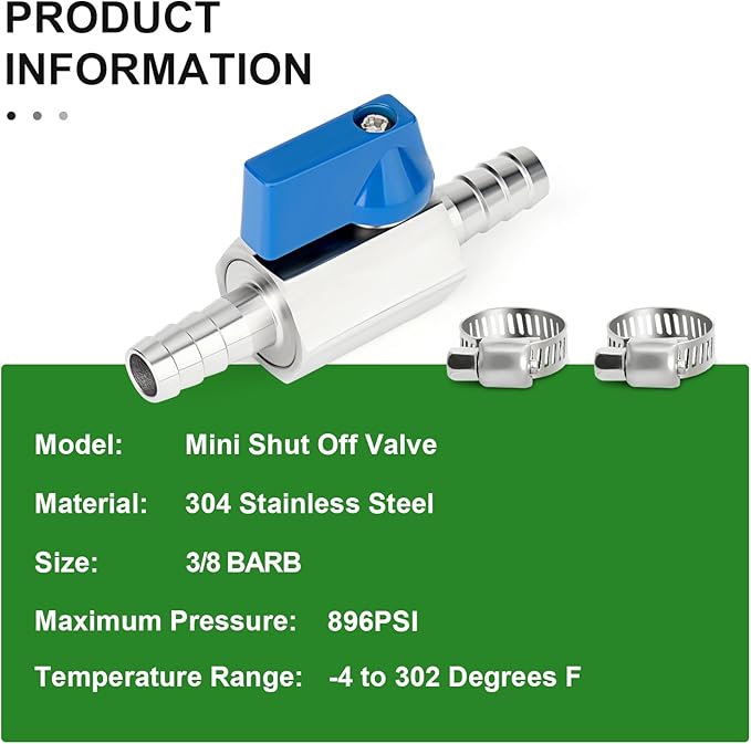 TAISHER 1PCS 304 Stainless Steel 3/8" Mini Ball Valve Shut Off Switch, 3/8” Hose Barb with 2PCS Hose Clamps