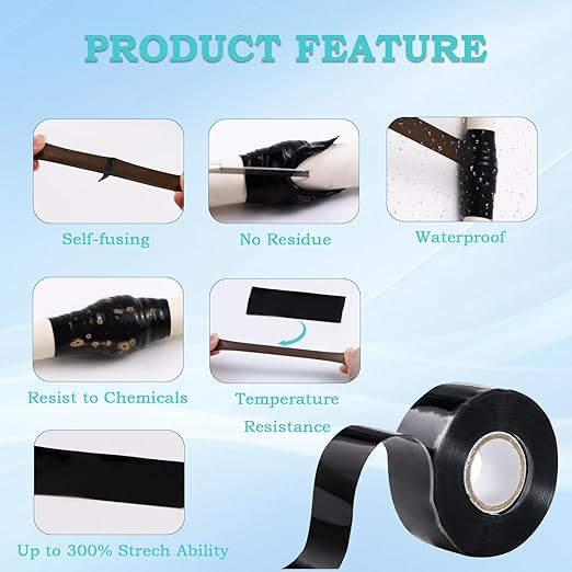 Self Fusing Silicone Tape 1 in x 16.4' Black Waterproof Rubber Leak Proof Sealing Silicone Rubber Self-amalgamating Tape for Emergency Hot and Cold Water Pipe Repairs and Tool Fixation